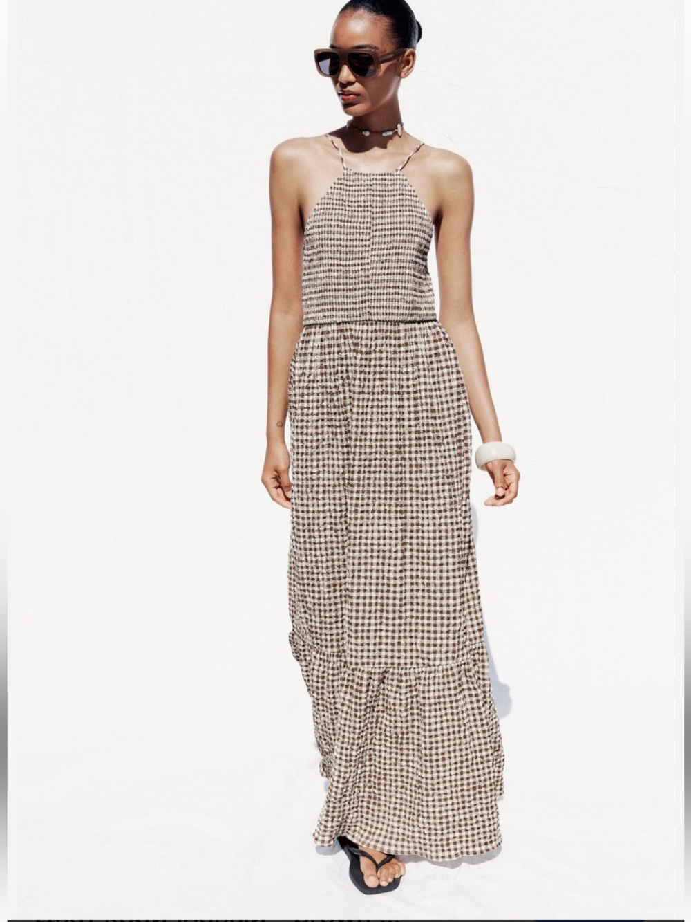 Zara Beige Gingham Maxi Dress Size Medium